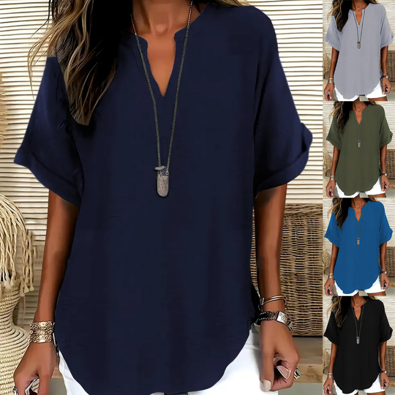Émilie™ — Elegant flydende bluse med åben krave