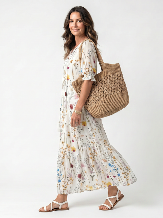 Sylvie | Midikjole med bindebånd og botanisk print