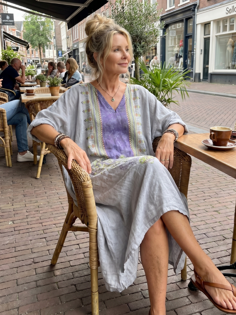 Raina | Oversize midikjole med broderet kontrastindsats og lommer