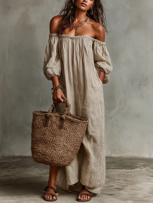 Carmen | Lang kjole i bomuld og hør med off-shoulder-design