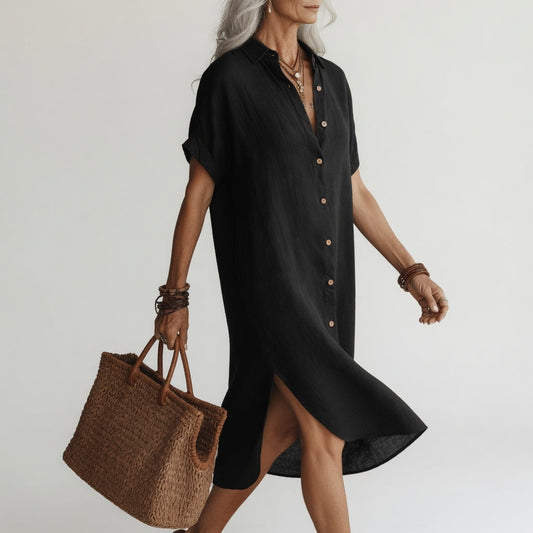 Évanélie™ — Åndbar premium skjortekjole i midilængde med parisisk look
