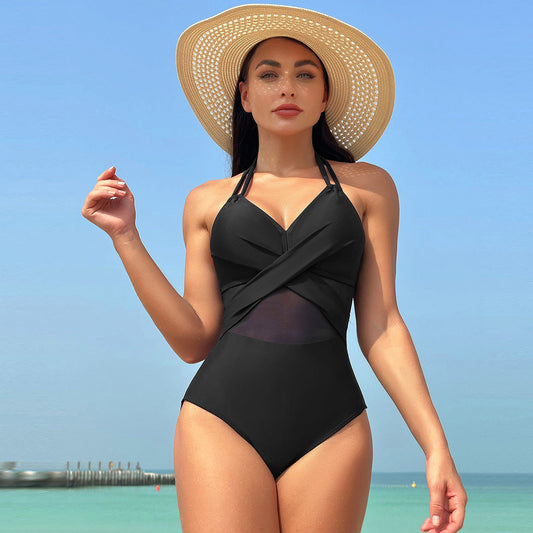 Shapewear-badedragt med wrap-effekt og tyl