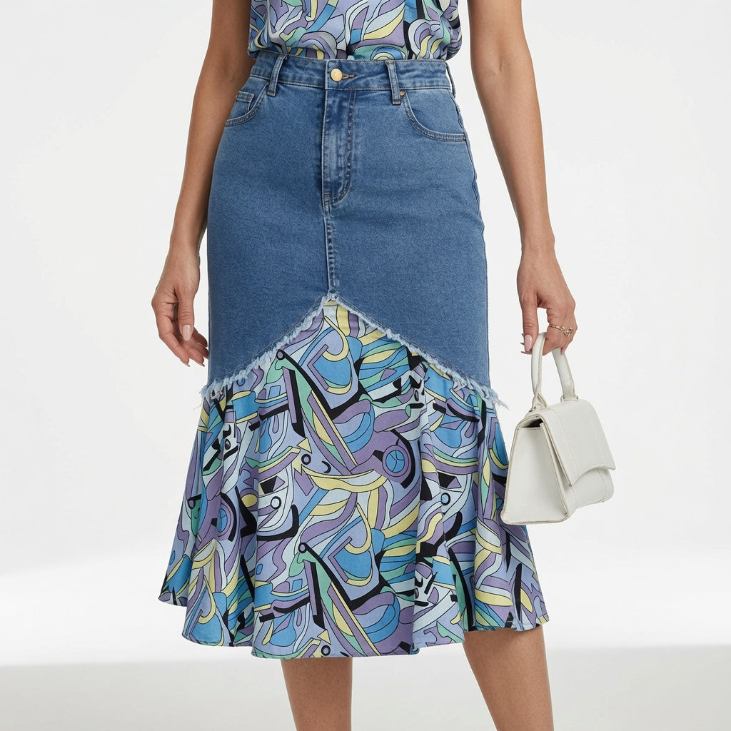 Delavine™ — Denimnederdel med blomster og feminin elegance