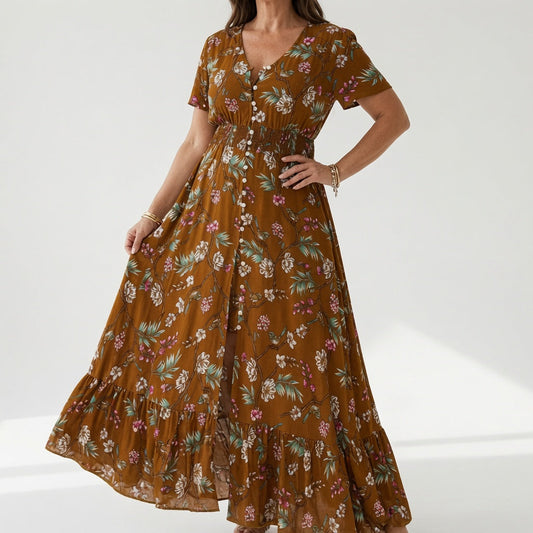 Bohémina™ — Blomstret maxikjole med V-hals og romantisk slids