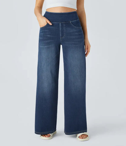 Meget elastiske jeans med vide ben og høj talje