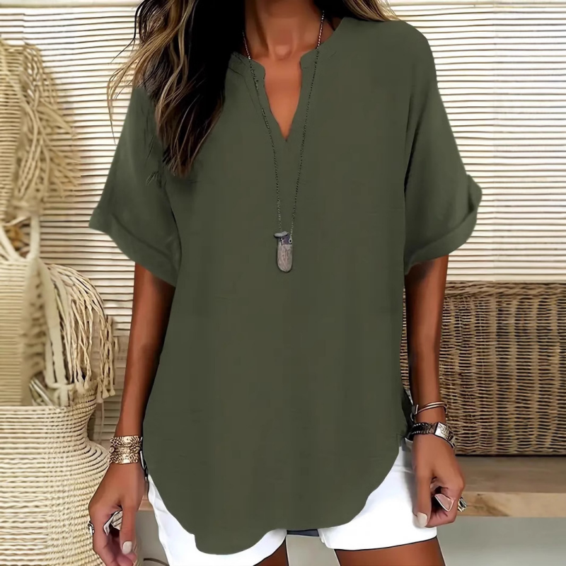 Émilie™ — Elegant flydende bluse med åben krave