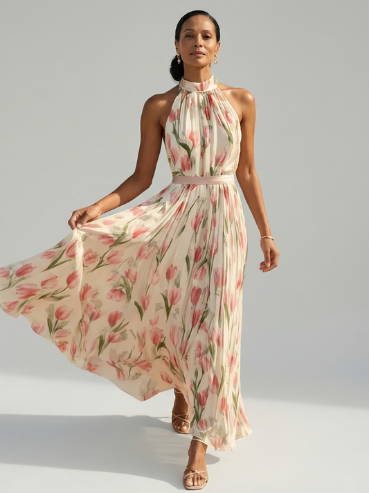 Aurelle | Midikjole med halterneck og blomster