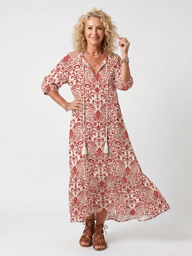 Noelle | Midikjole med bindekrave og ornamentalt print