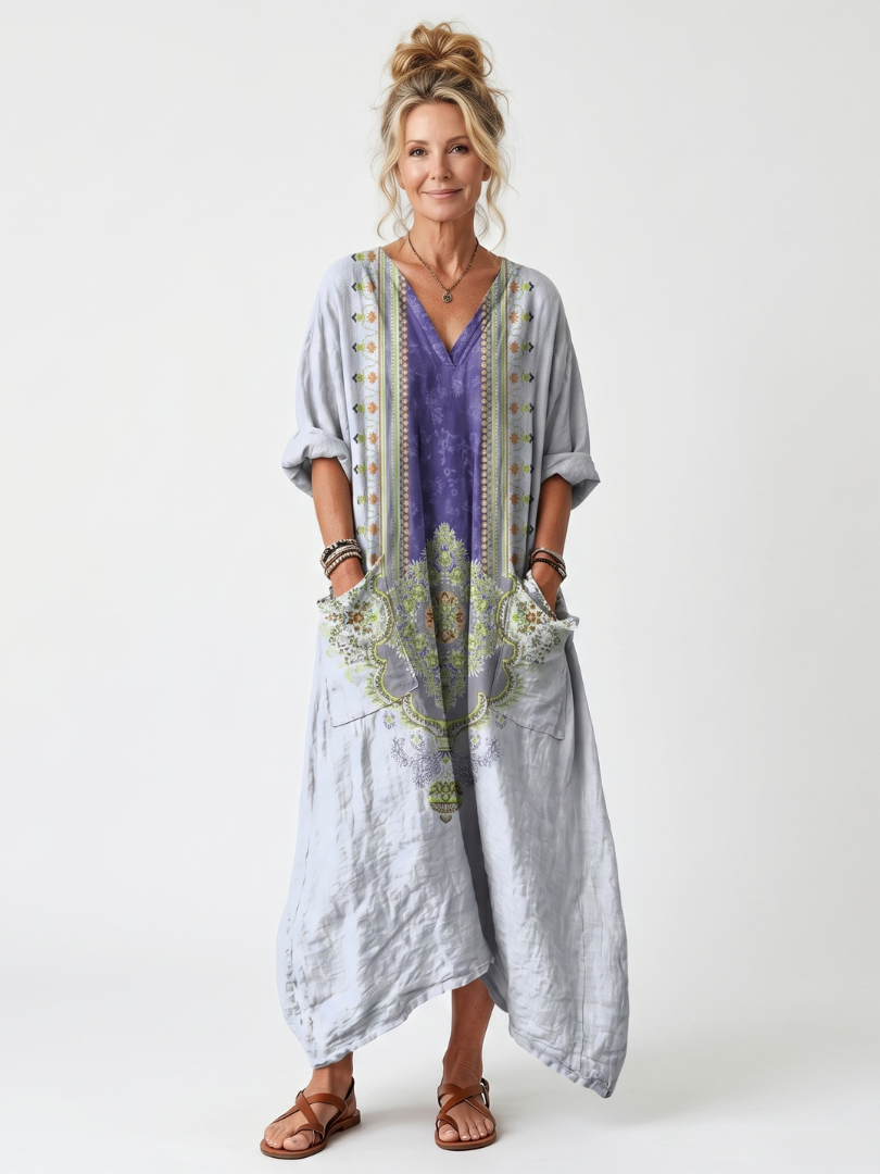 Raina | Oversize midikjole med broderet kontrastindsats og lommer