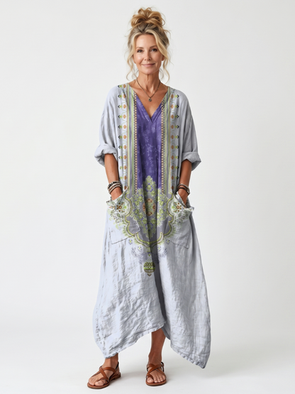 Raina | Oversize midikjole med broderet kontrastindsats og lommer