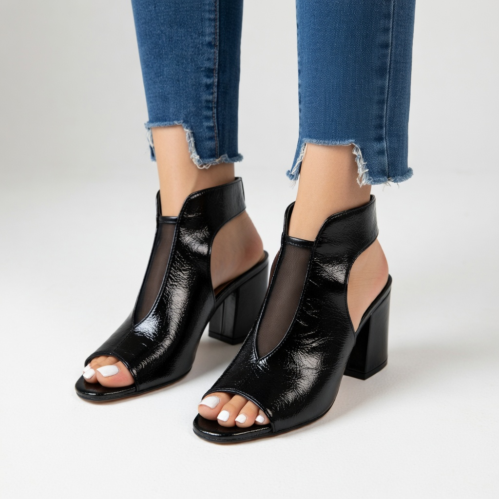 Arabelle™ — Sandal med åben tå og blokhæl på 3,1 tommer i sort net, urban elegance