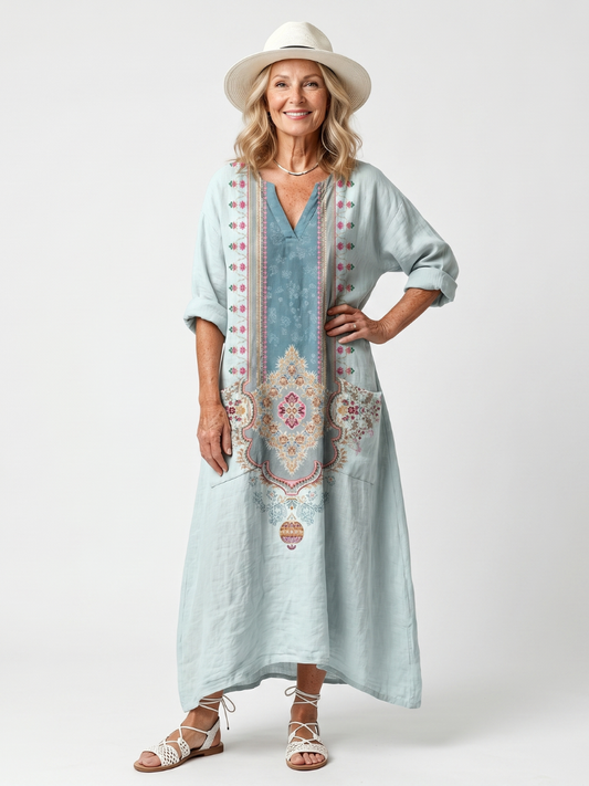 Kassiani | Oversize midikjole med ornamental broderet overdel og lommer