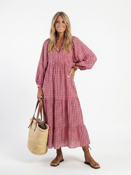Arlette | Midikjole med lange ærmer og geometrisk print