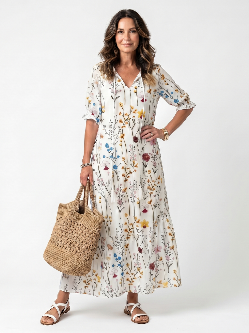 Sylvie | Midikjole med bindebånd og botanisk print