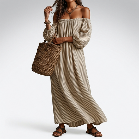 Carmen | Lang kjole i bomuld og hør med off-shoulder-design