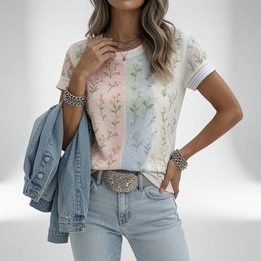 Mélisande™ — Blomstret T-shirt med blød komfort og hverdagselegance