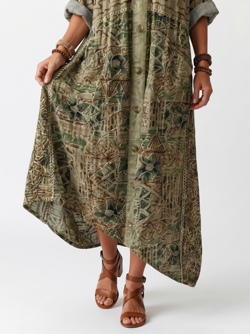Aleta | Oversize midikjole med knapper, broderi og lommer