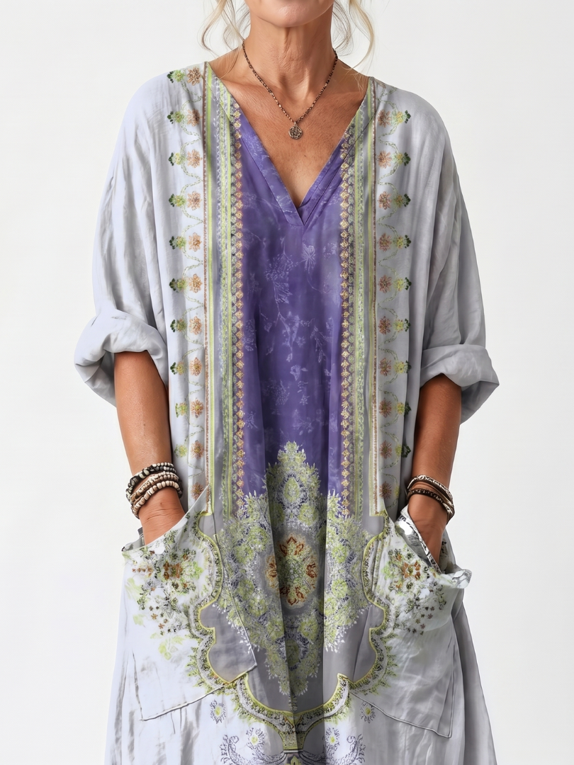 Raina | Oversize midikjole med broderet kontrastindsats og lommer