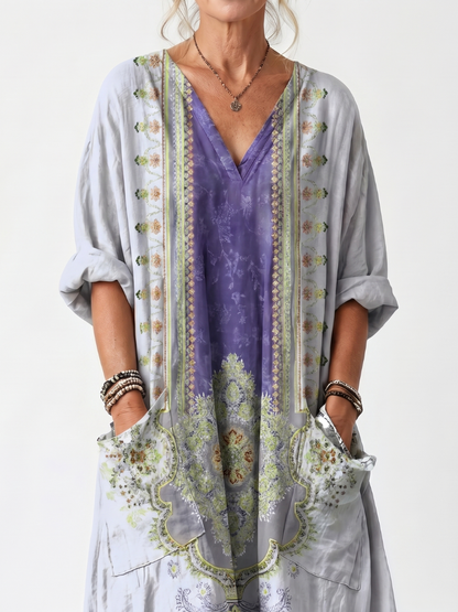 Raina | Oversize midikjole med broderet kontrastindsats og lommer