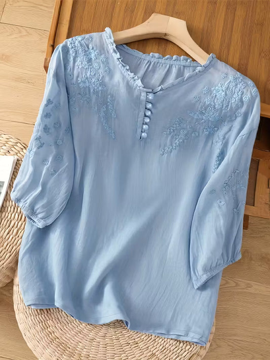 Éléna™ — Elegant broderet bluse i hørblanding