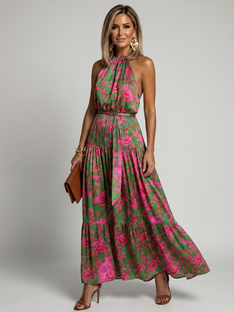 Draperet midikjole i rosa med elegant halterneck