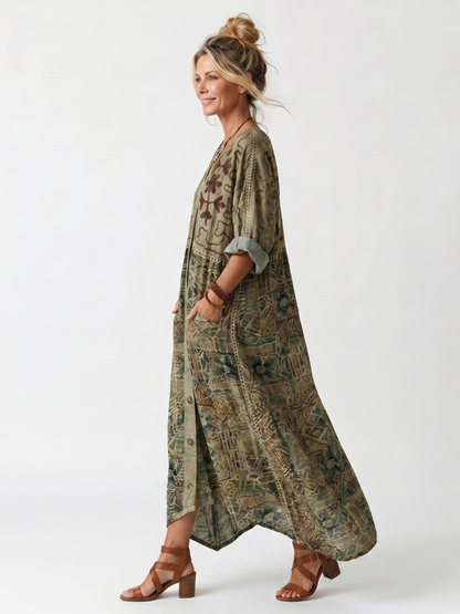 Aleta | Oversize midikjole med knapper, broderi og lommer