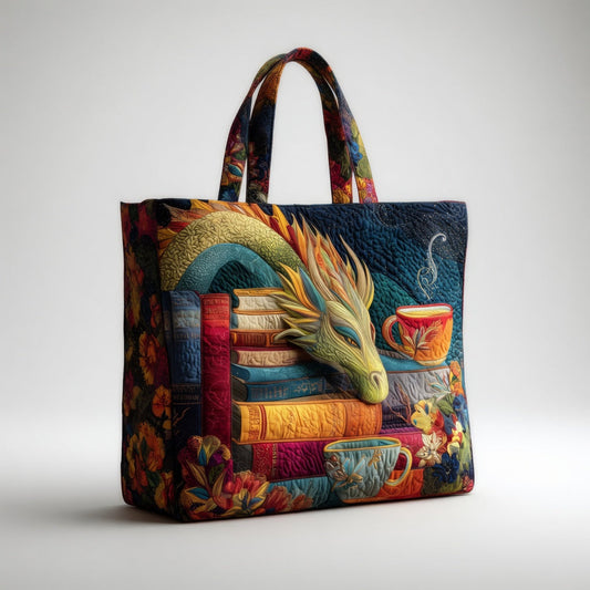 Artisan Tote Bag - Læsende drage med bøger og krus