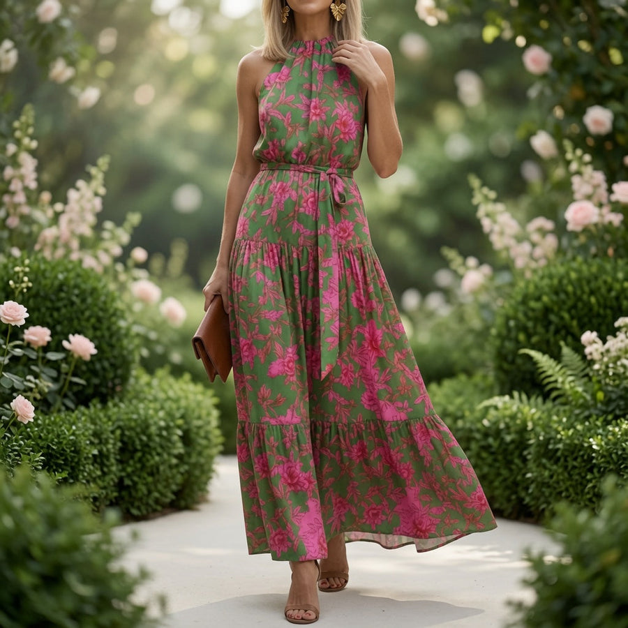 Draperet midikjole i rosa med elegant halterneck