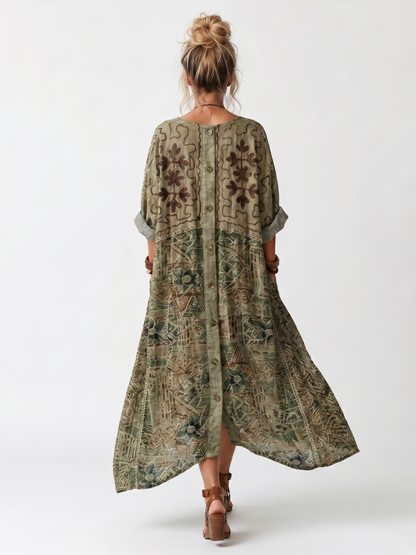 Aleta | Oversize midikjole med knapper, broderi og lommer