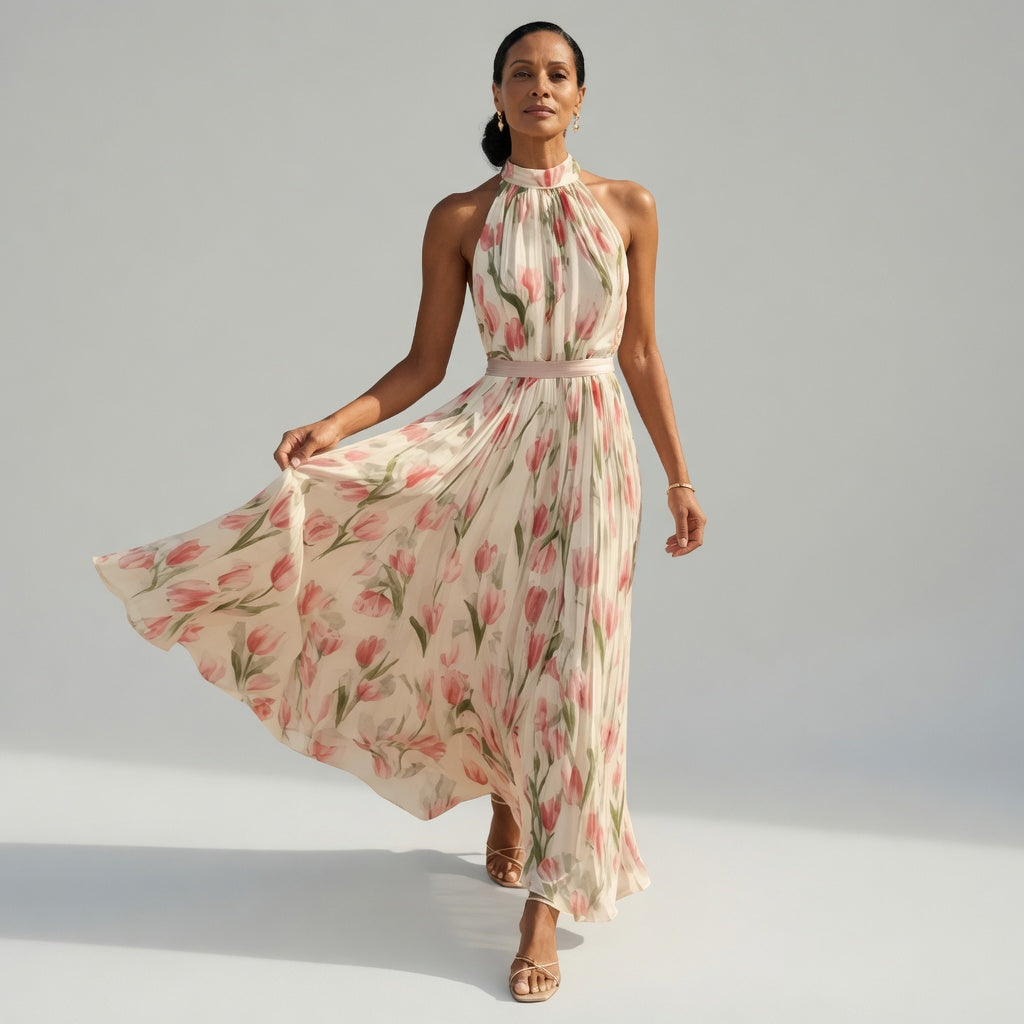 Aurelle | Midikjole med halterneck og blomster