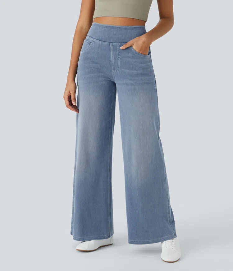 Meget elastiske jeans med vide ben og høj talje