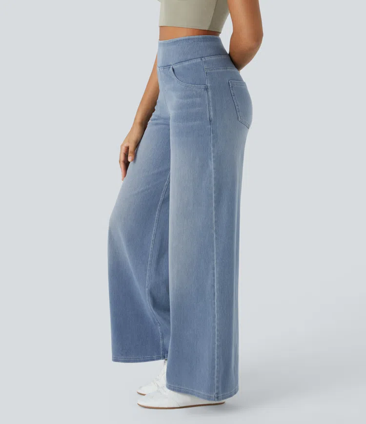 Meget elastiske jeans med vide ben og høj talje