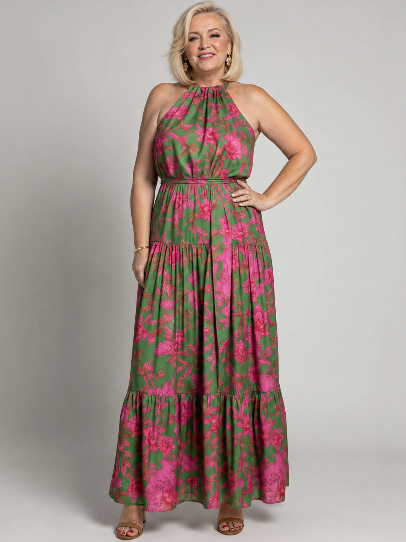 Draperet midikjole i rosa med elegant halterneck