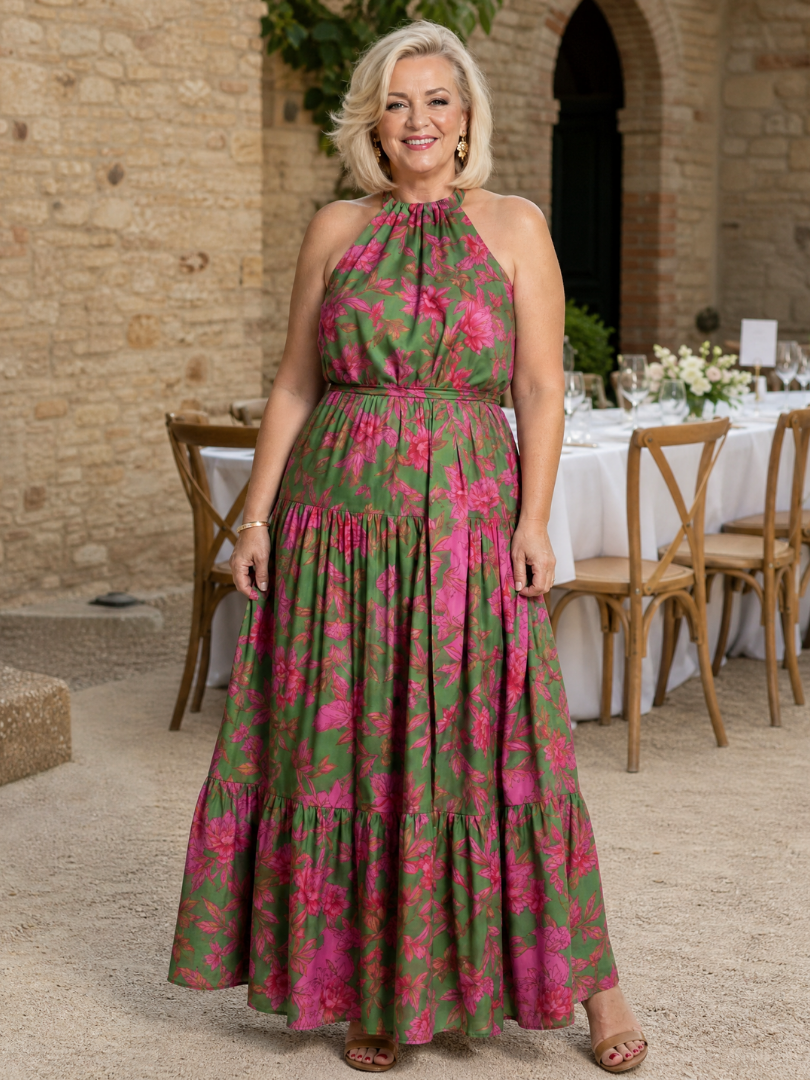 Draperet midikjole i rosa med elegant halterneck