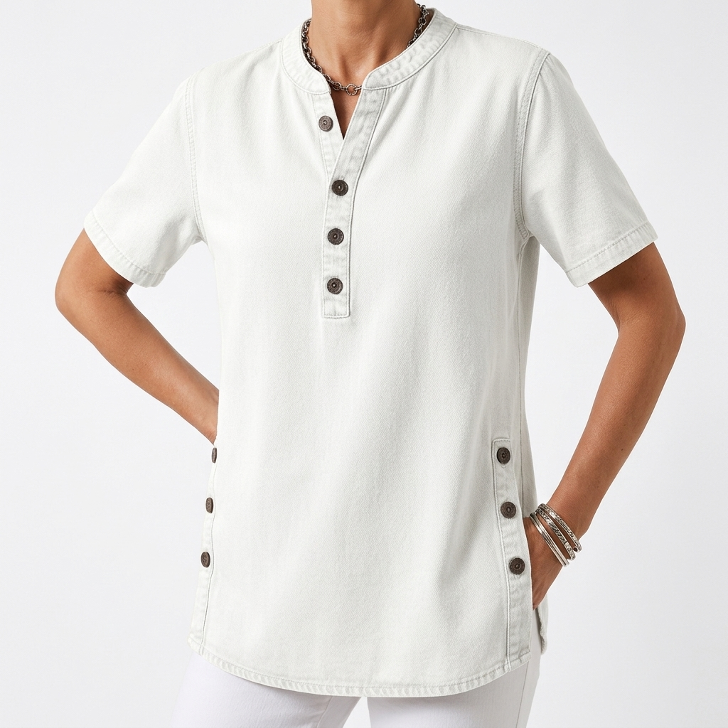 Denimelle™ — Henley-top i denimlook med slidser i siderne