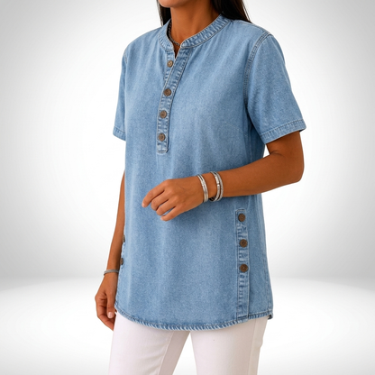 Denimelle™ — Henley-top i denimlook med slidser i siderne