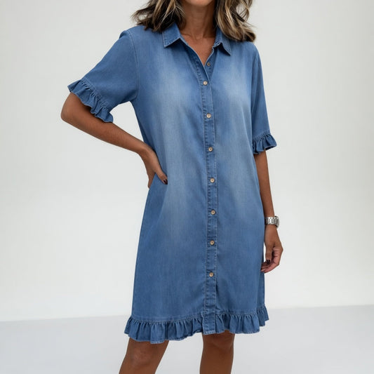 Fanette™ — Skjortekjole i flosset denim med afslappet charme