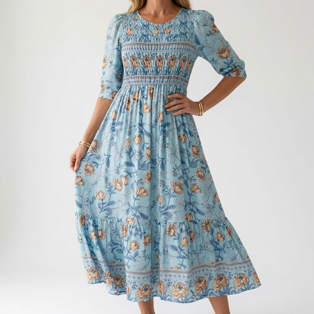 Santorine™ — Flydende maxikjole med blomster og V-hals