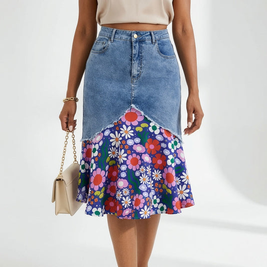 Delavine™ — Denimnederdel med blomster og feminin elegance