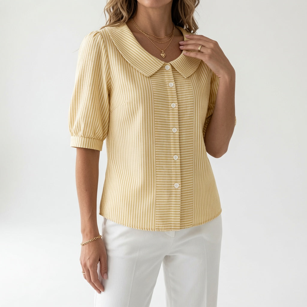 Zélie™ — Elegant stribet bluse med puffærmer