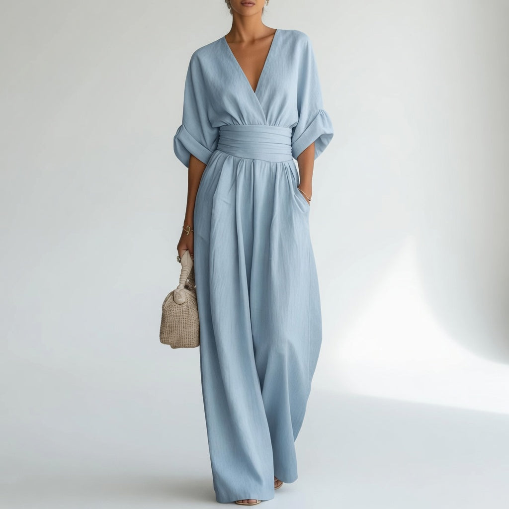Blandine™ – Vid jumpsuit med V-hals og naturlig flydende elegance