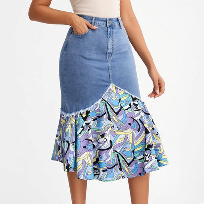 Delavine™ — Denimnederdel med blomster og feminin elegance