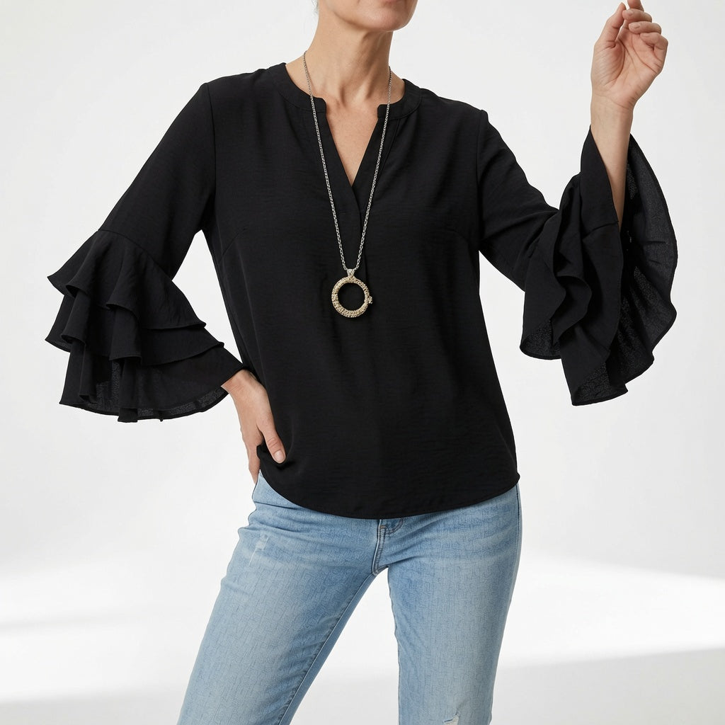 Mélorisse™ — Elegant flydende bluse med flæseærmer