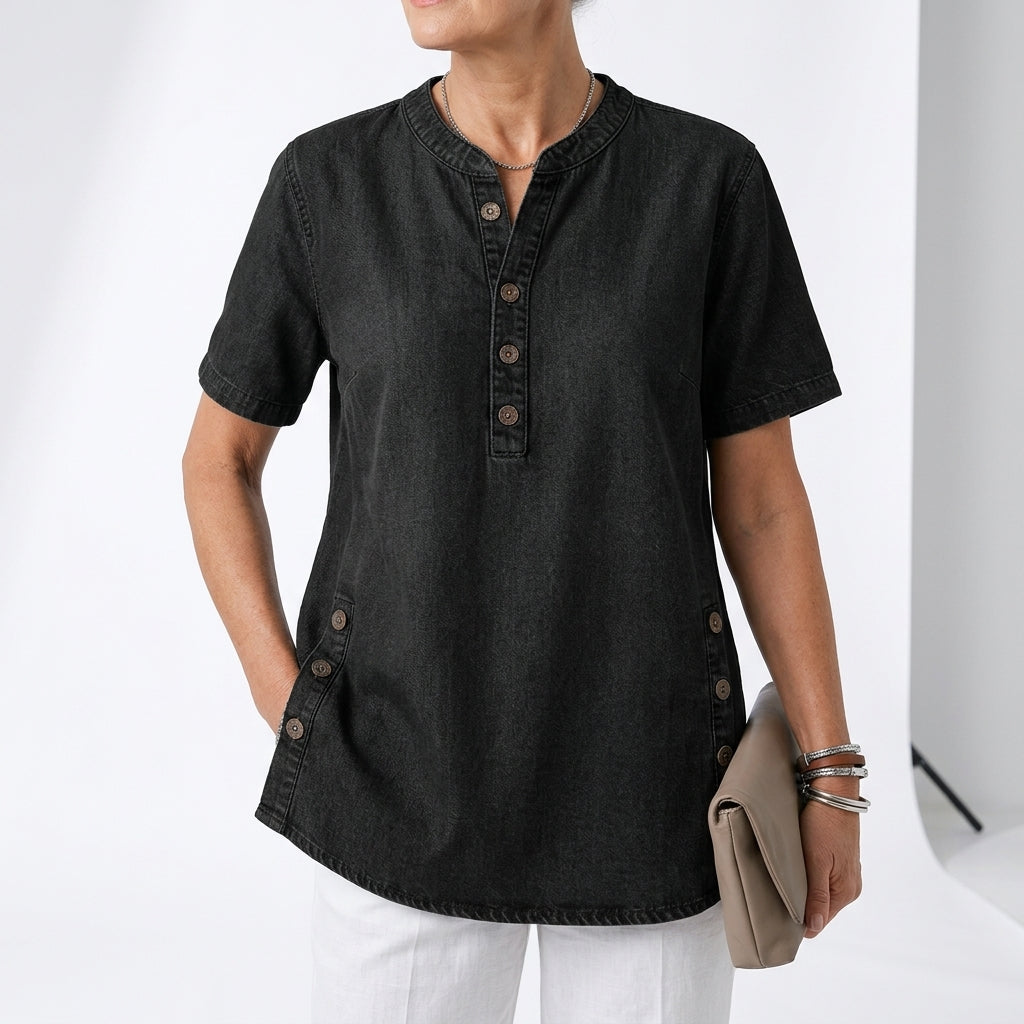 Denimelle™ — Henley-top i denimlook med slidser i siderne