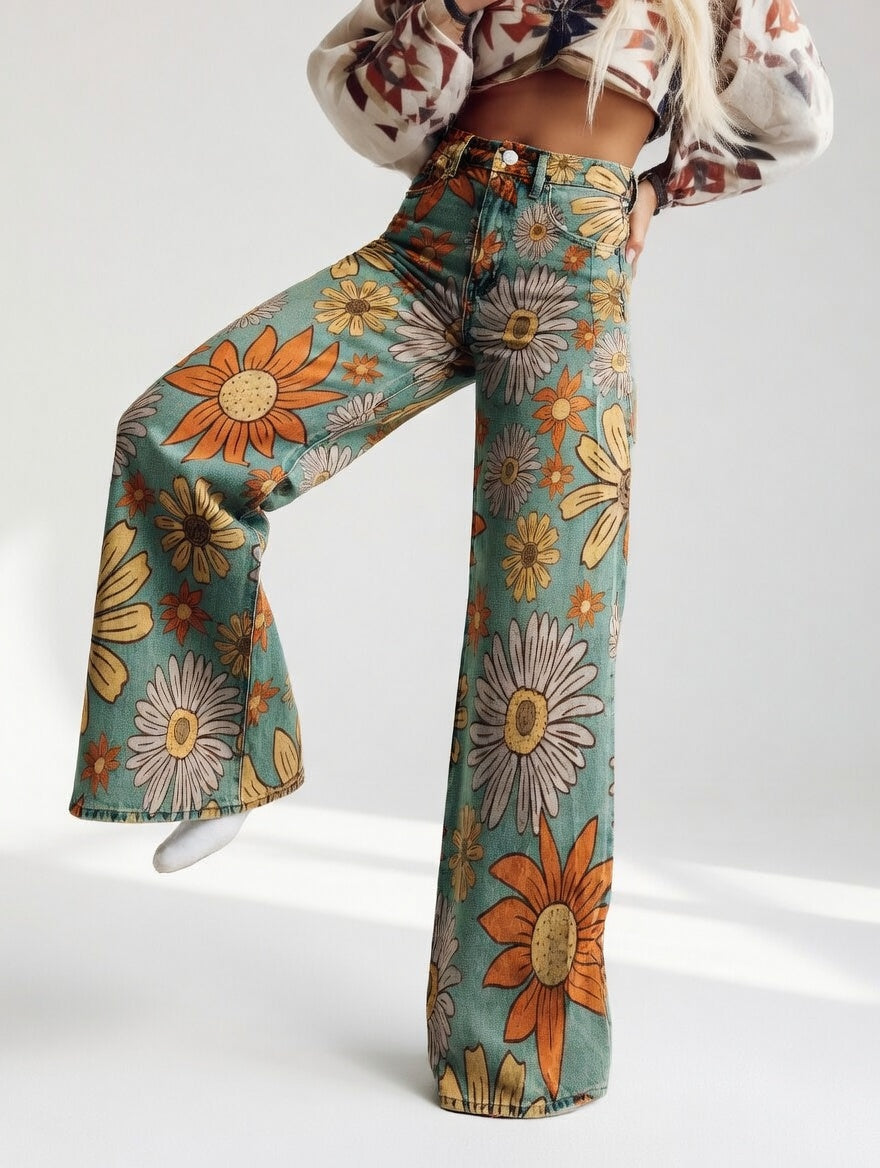 Florivane™ — Elegante retrobukser med vide ben og blomsterprint