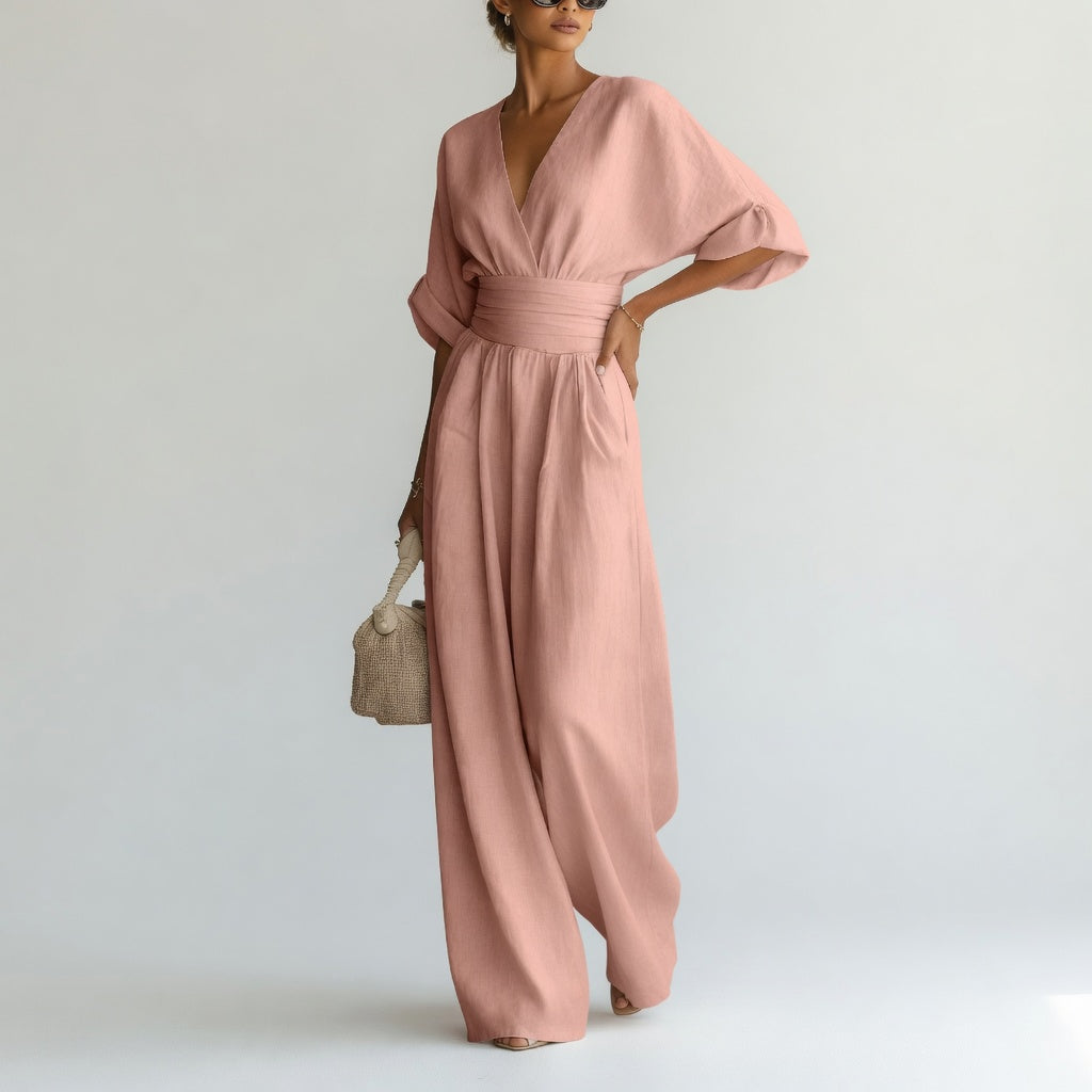 Blandine™ – Vid jumpsuit med V-hals og naturlig flydende elegance