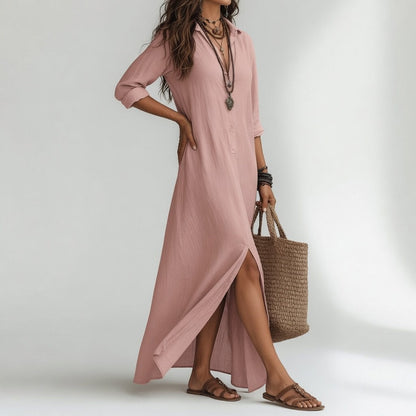 Violaine™ — Lang skjortekjole i boheme-stil med naturlig elegance