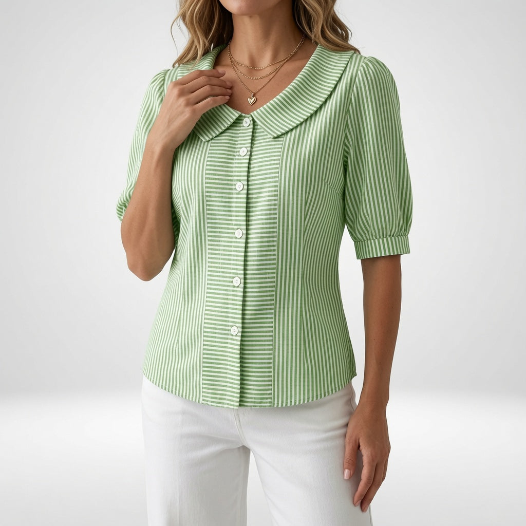 Zélie™ — Elegant stribet bluse med puffærmer