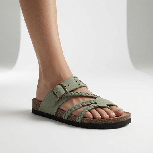 Riveline™ — Flad flettet sandal med flere remme, korksål og spænde i elegant boheme-stil