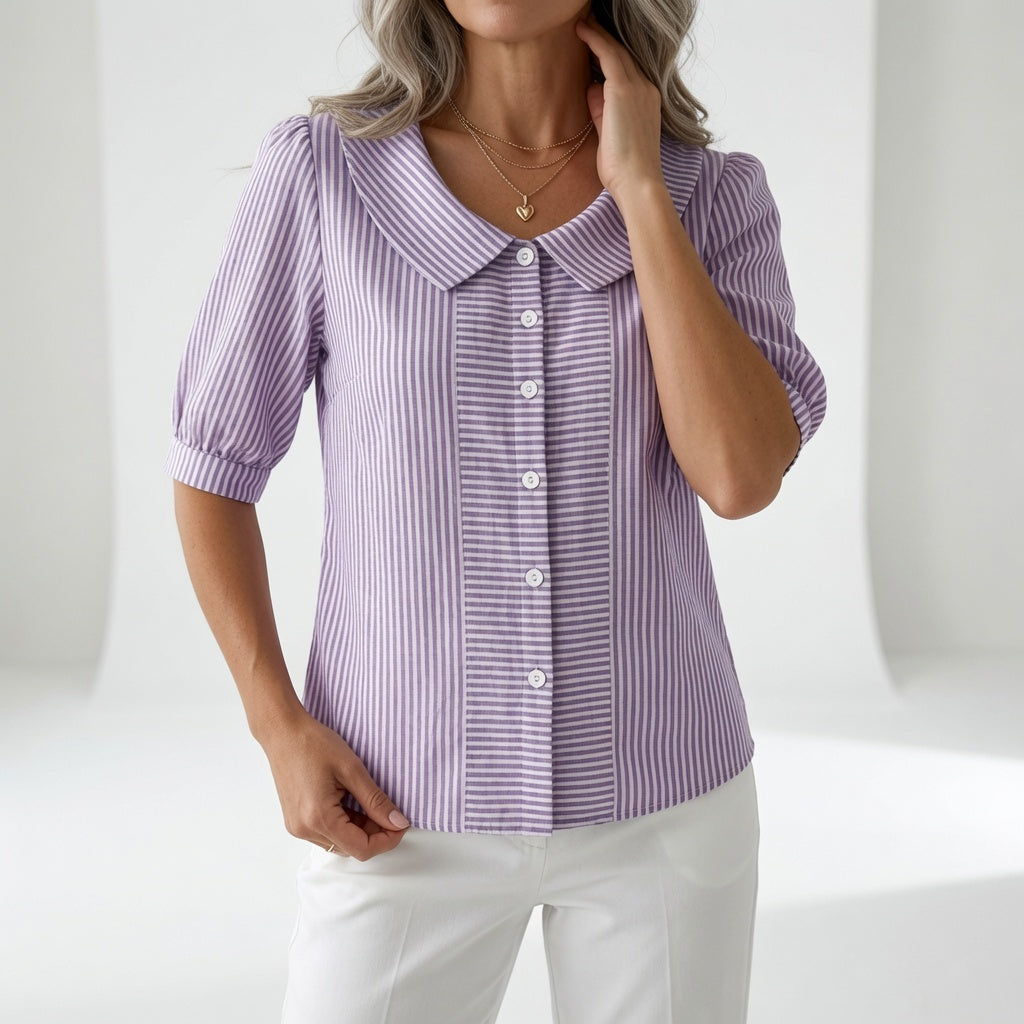 Zélie™ — Elegant stribet bluse med puffærmer